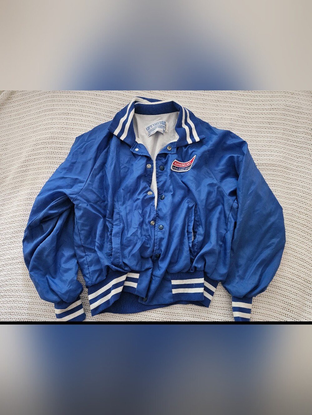 Vintage Blue Men's Satin Bomber Jacket with Stripe Trim